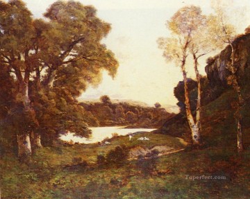 フランス 1819 ～ 1916 年 バルビゾン湖のほとりで放牧されるヤギの風景 アンリ・ジョゼフ・ハルピニー Oil Paintings
